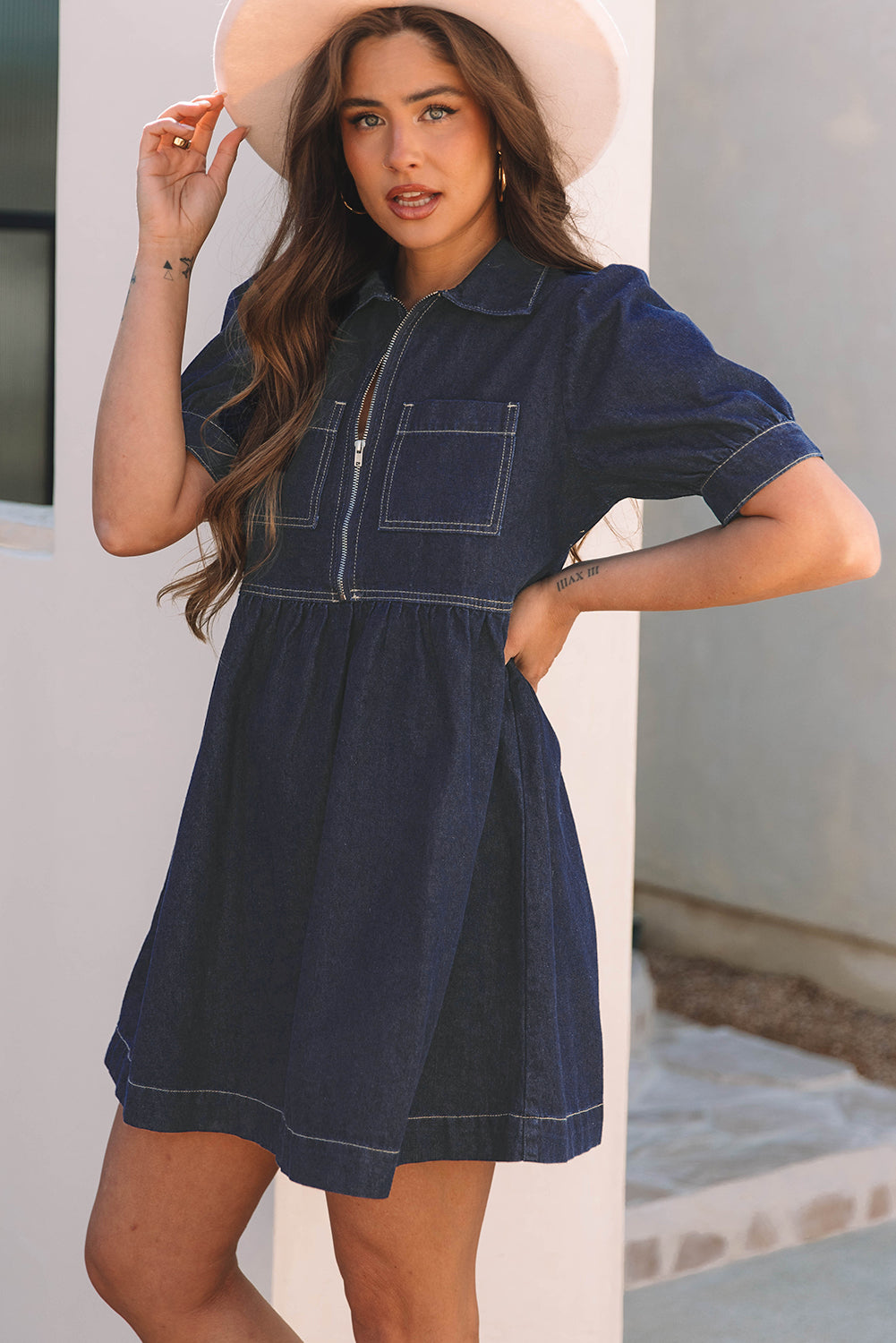 Puff Sleeve Zipper Front Denim Mini Dress with High Waist