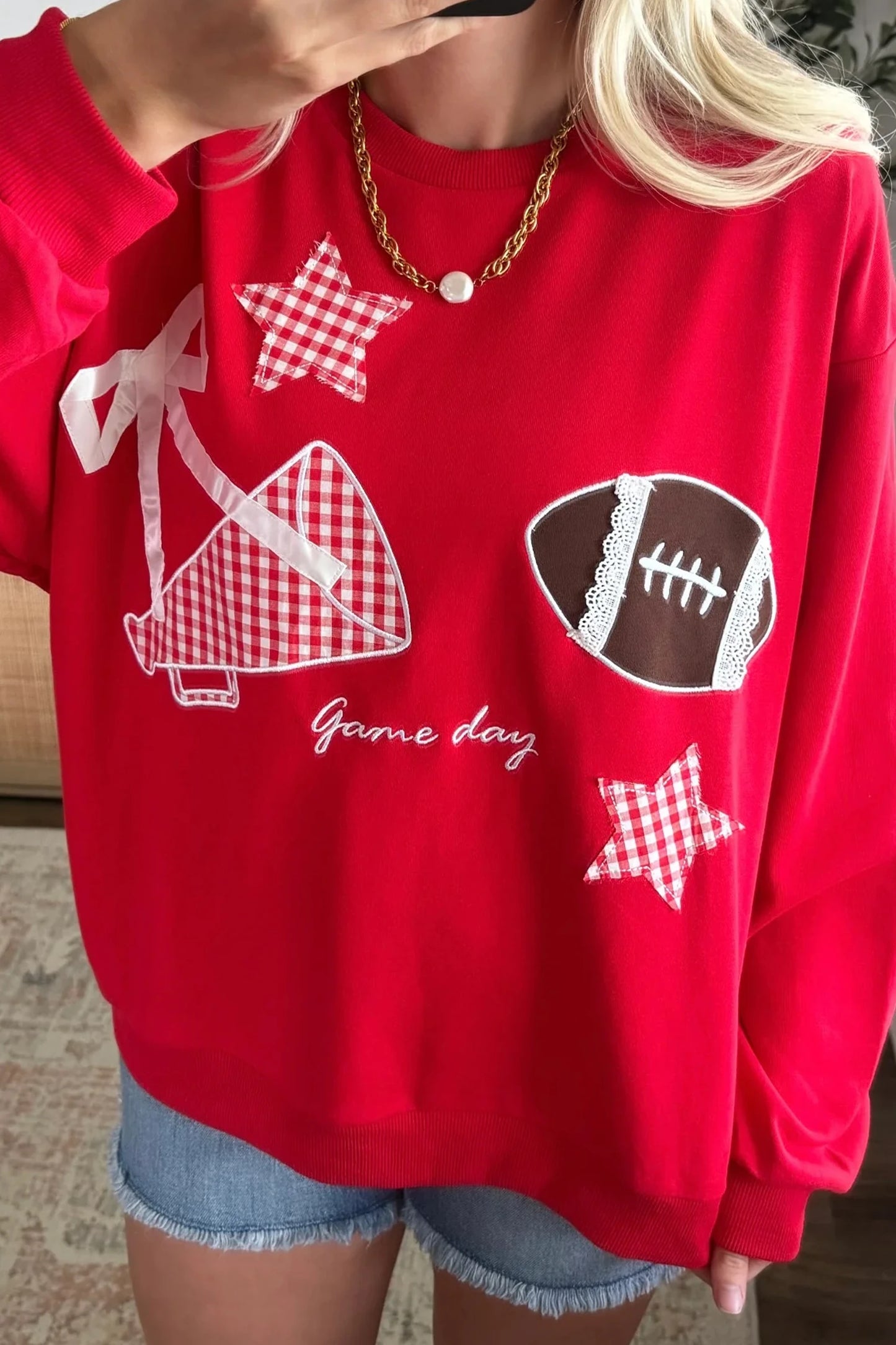 Gingham Patch Embroidered Rugby Game Day Stars Sweatshirt