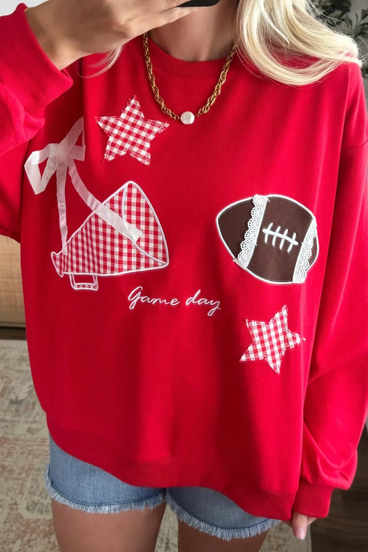 Gingham Patch Embroidered Rugby Game Day Stars Sweatshirt