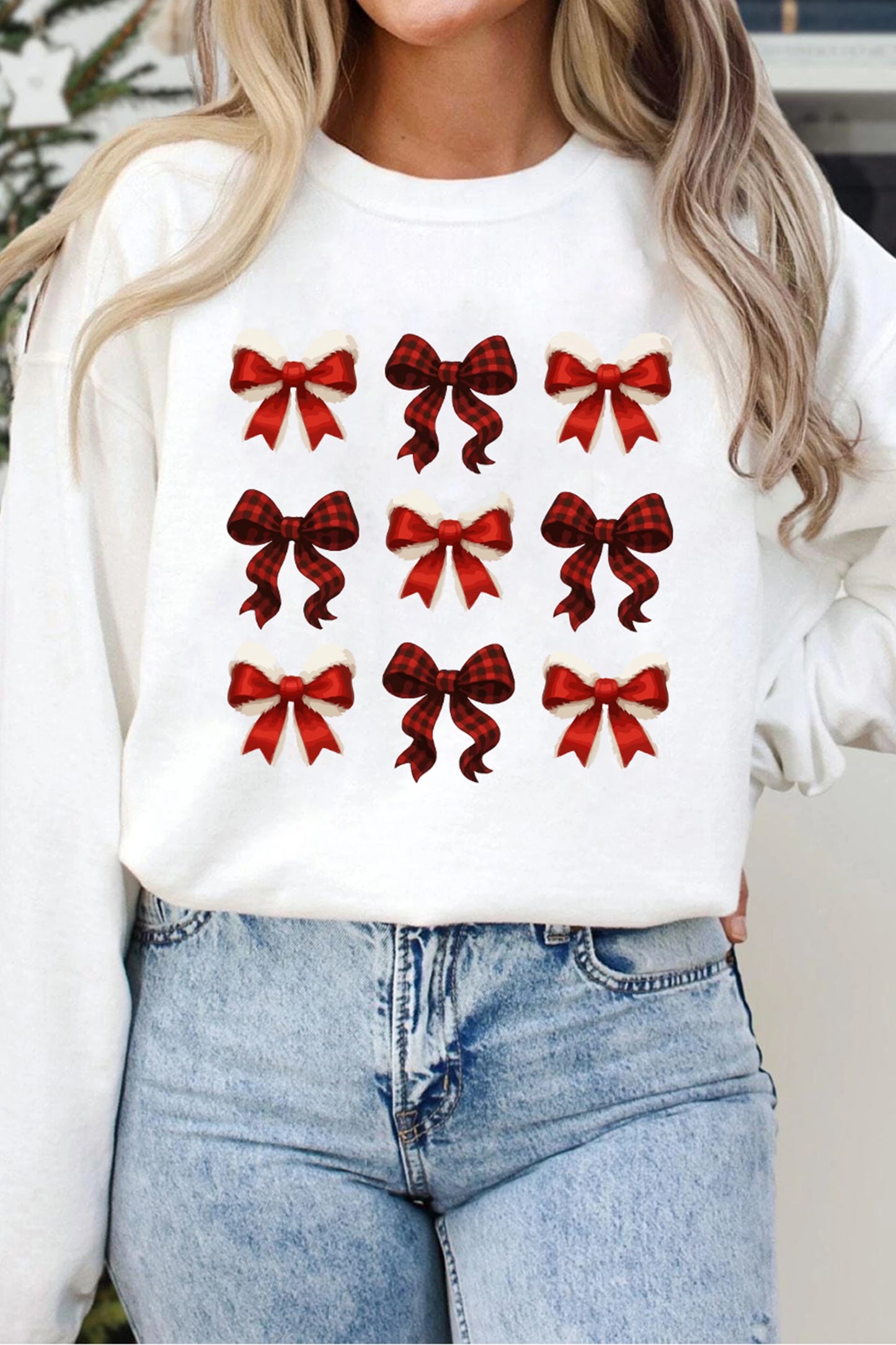 White Festive Bow Graphic Christmas Holiday Classic Sweatshirt