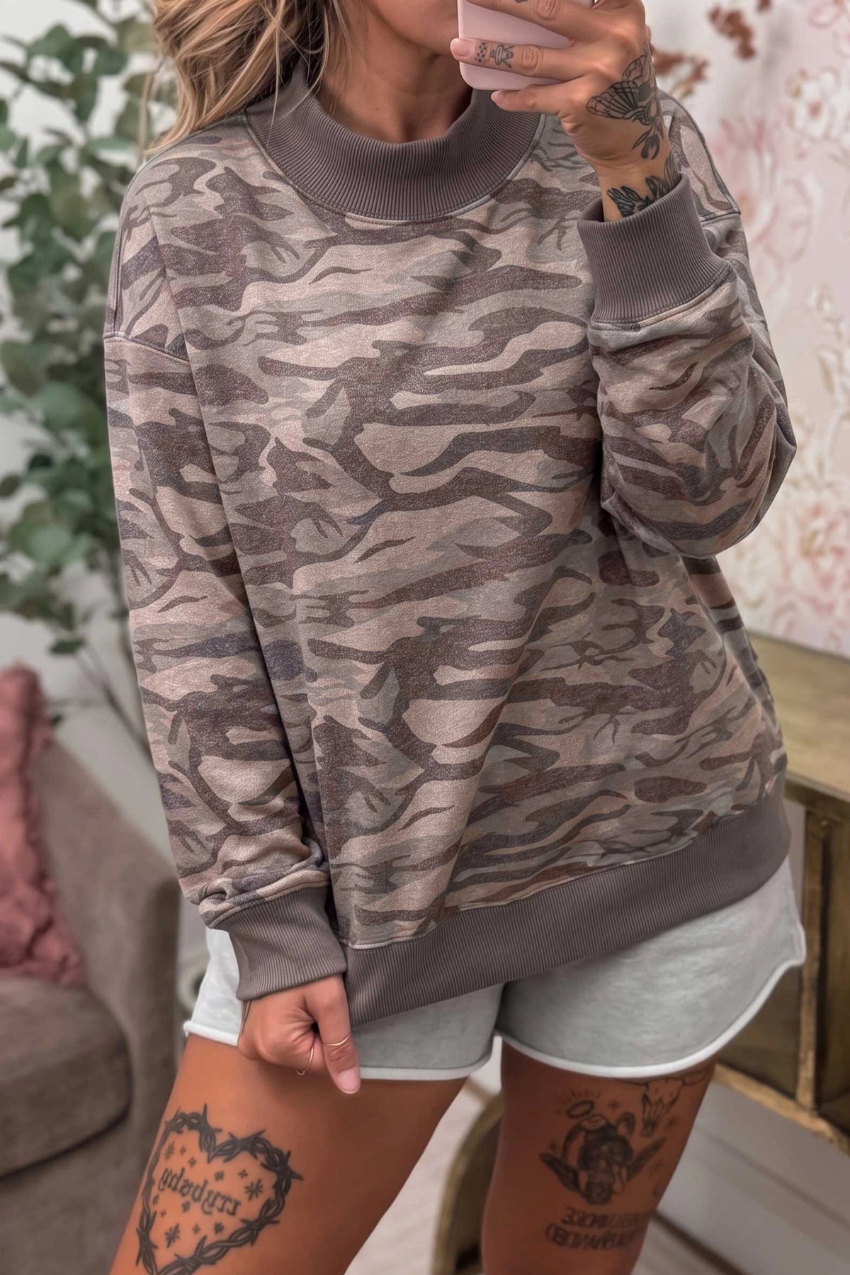 Multicolour Camouflage Print Mock Neck Casual Pullover Sweatshirt