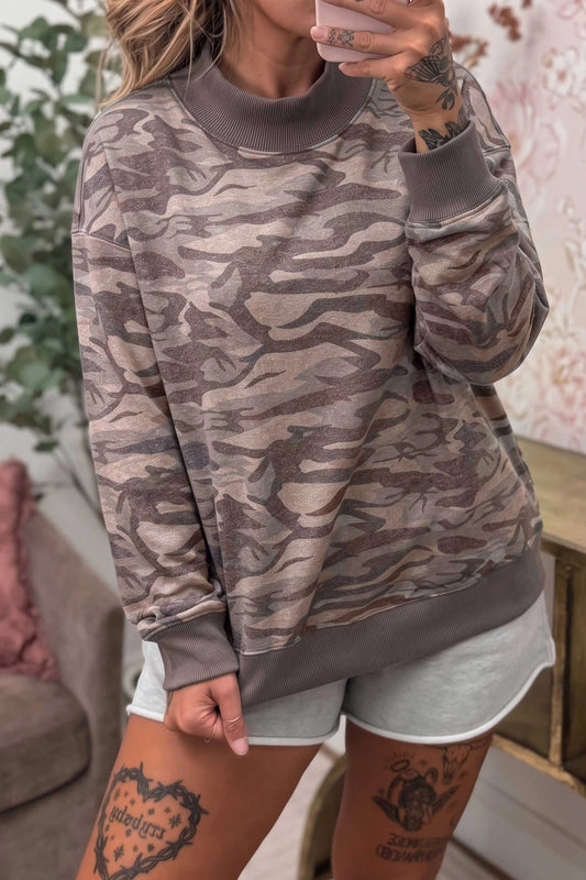 Multicolour Camouflage Print Mock Neck Casual Pullover Sweatshirt