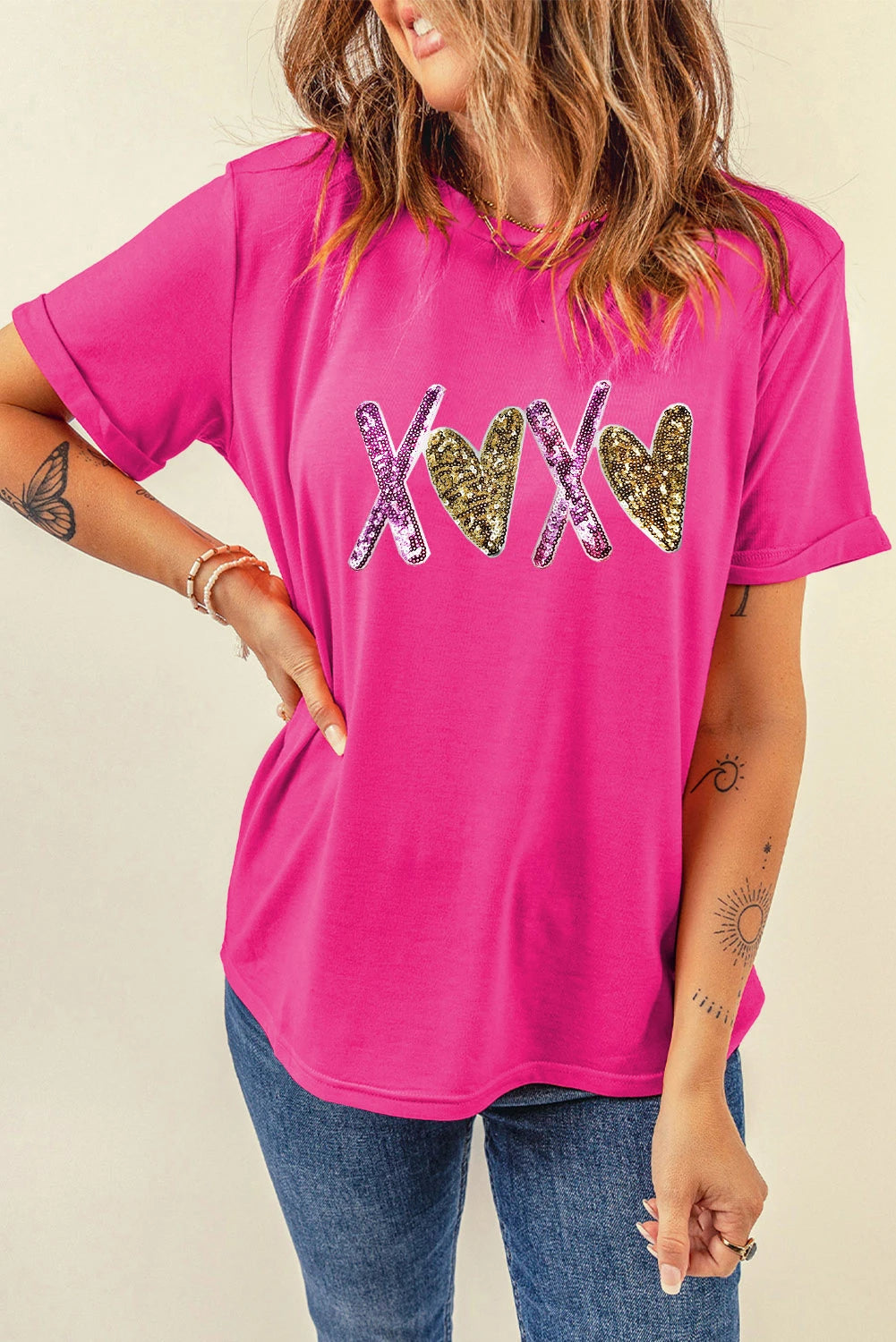 Rose Red Heart XOXO Graphic Crewneck Valentines T Shirt