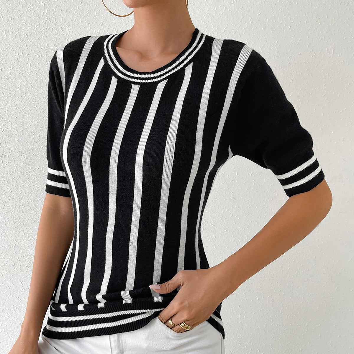 Striped Short Sleeve Top Casual Pullover Knit Sweater