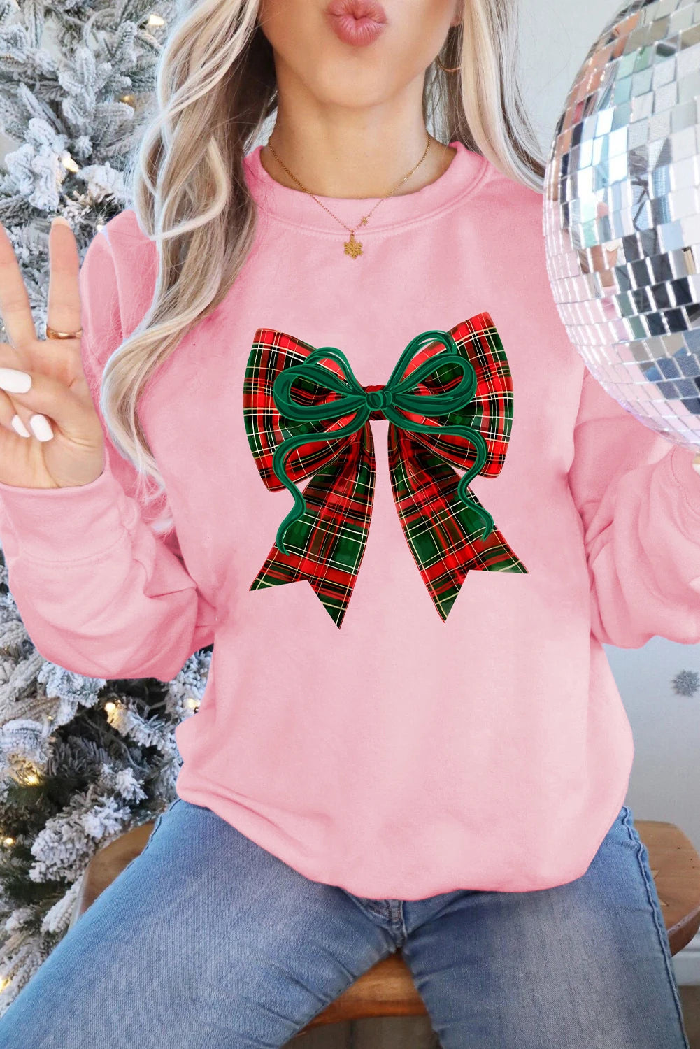 Pink Plaid Bow Christmas Vibe Print Sweatshirt