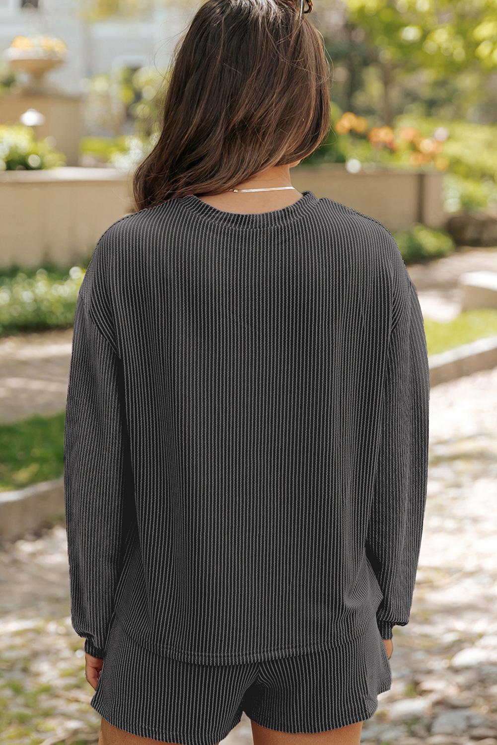Bowknot Patched Pattern Corded Long Sleeve Top and Shorts Outfit
