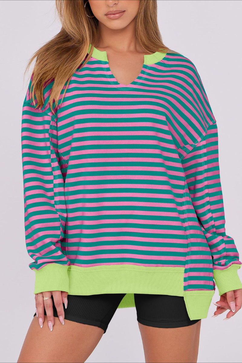 Striped V-Neck Pullover Sweatshirt with Contrast Trim