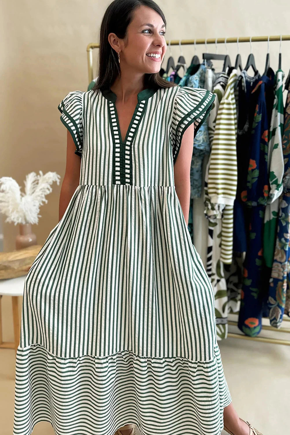 Stripe Double Ruffled Short Sleeve Contrast Trim V Neck Midi Dress