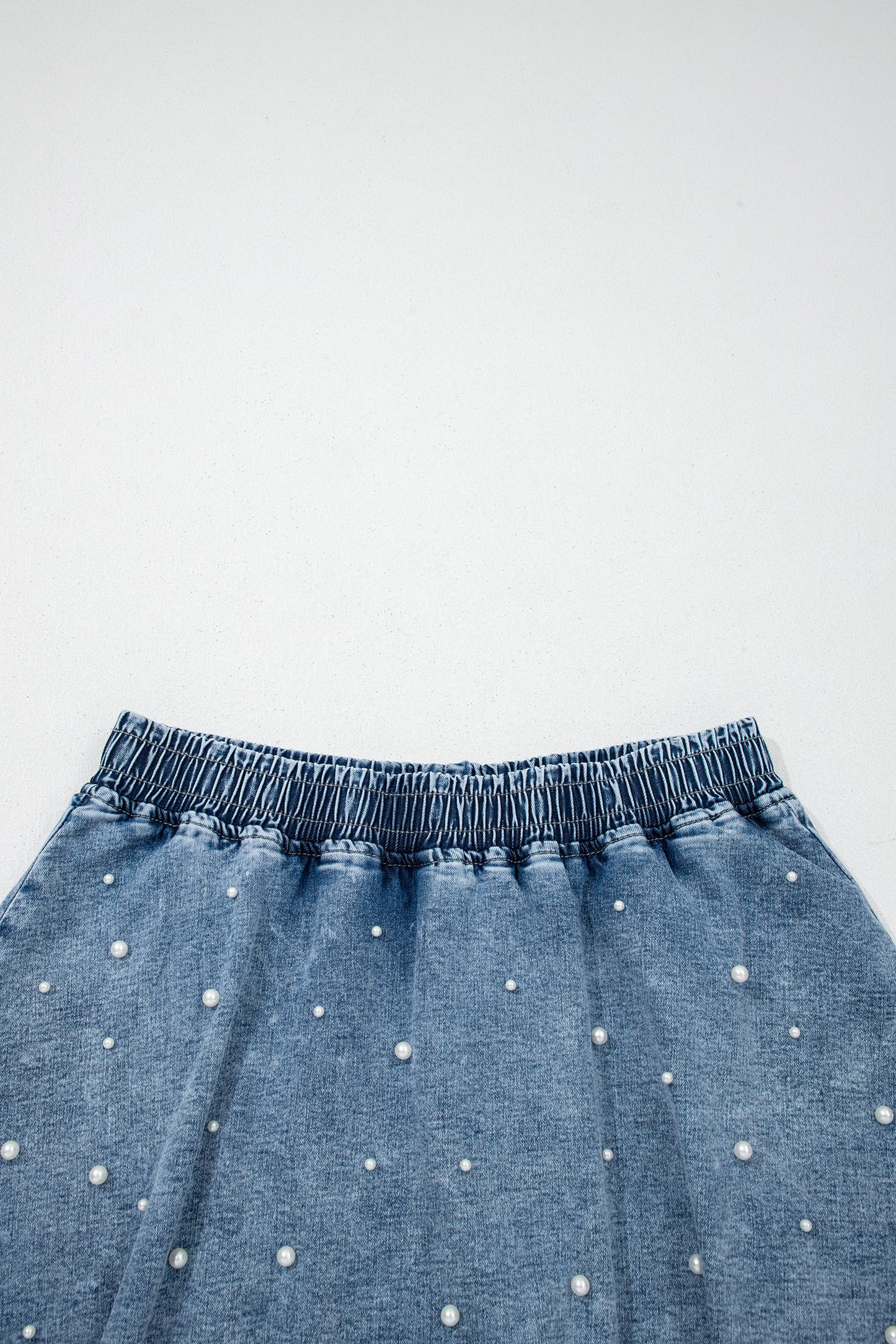 Ashleigh Blue Denim Pearl Embellished Elastic Waist Mini Skort