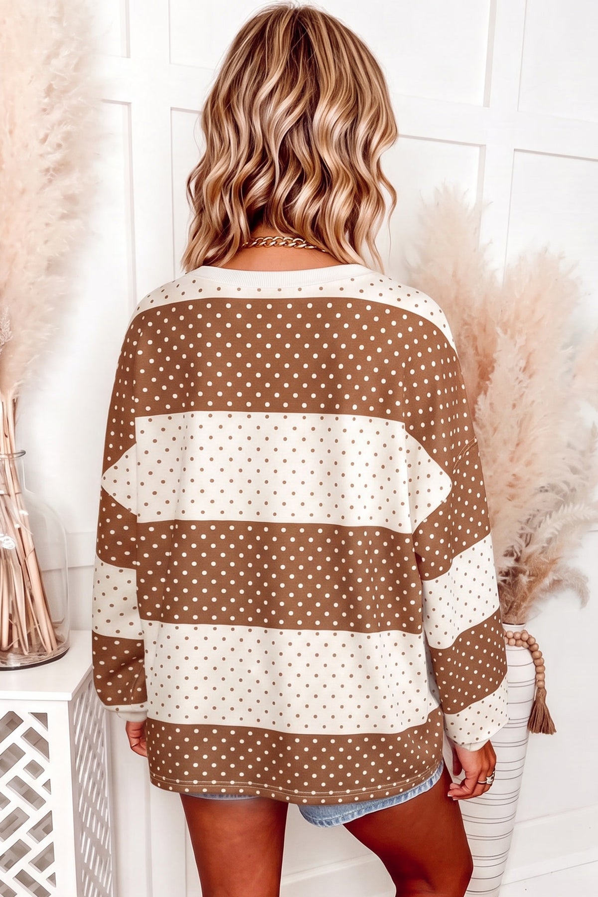 Blue Polka Dot Patchwork Colorblock Long Sleeve Top
