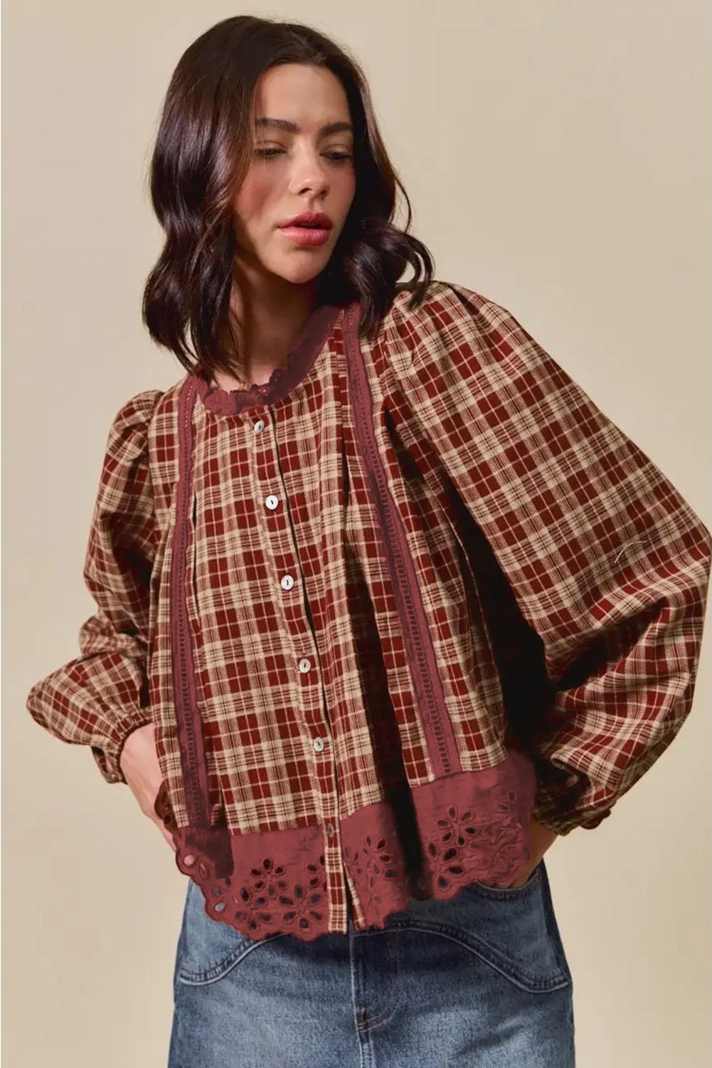 Red Dahlia Plaid Eyelet Lace Trim Button Down Loose Long Sleeve Shirt