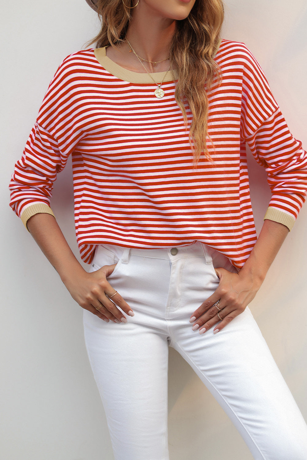 Contrast Trimmed Striped Drop Shoulder Sweater