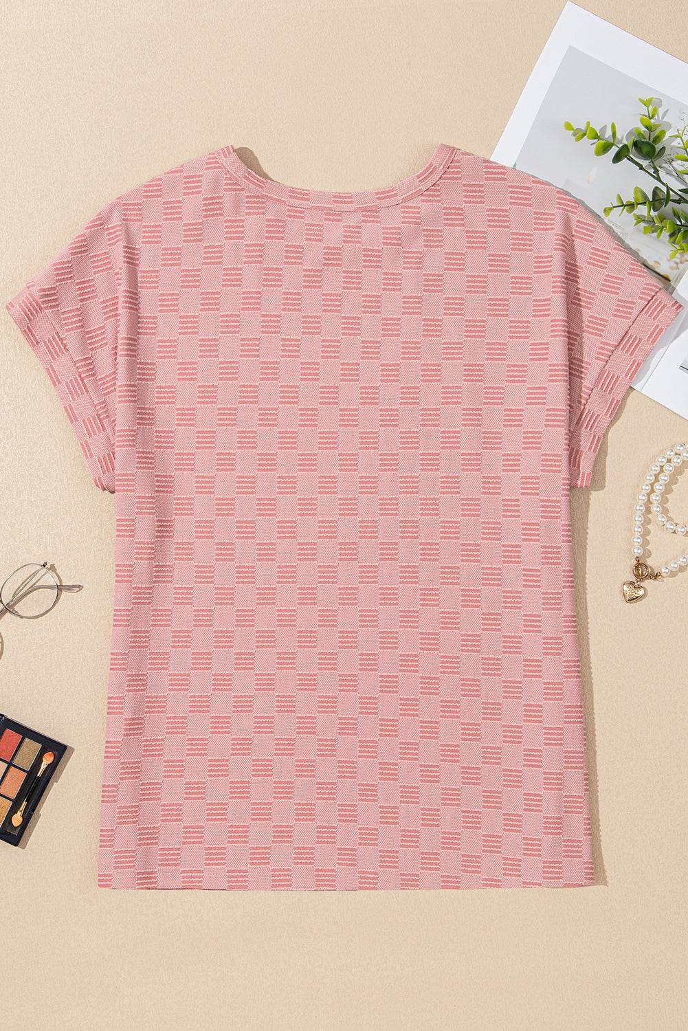 Apricot Pink Checkered Textured Round Neck T-shirt