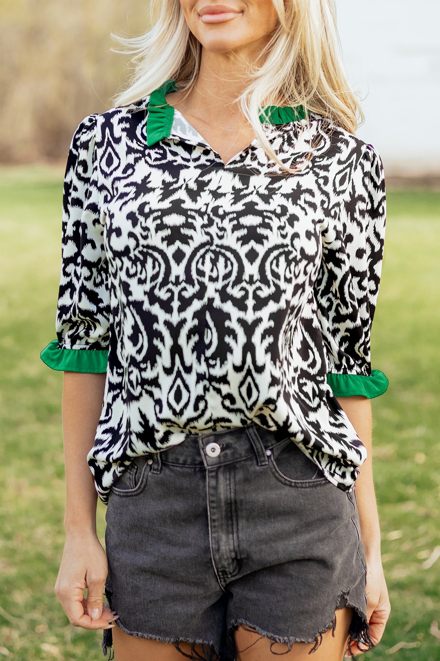 Black Damask Print Ruffled Color Block Detail Half Sleeve Blouse
