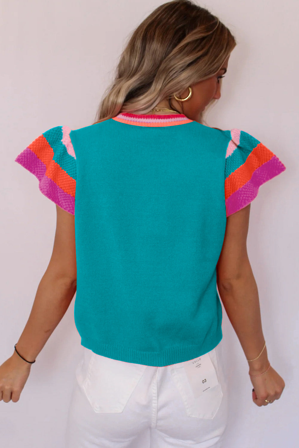 Multicolor Flutter Sleeves Knitted Sweater T Shirt