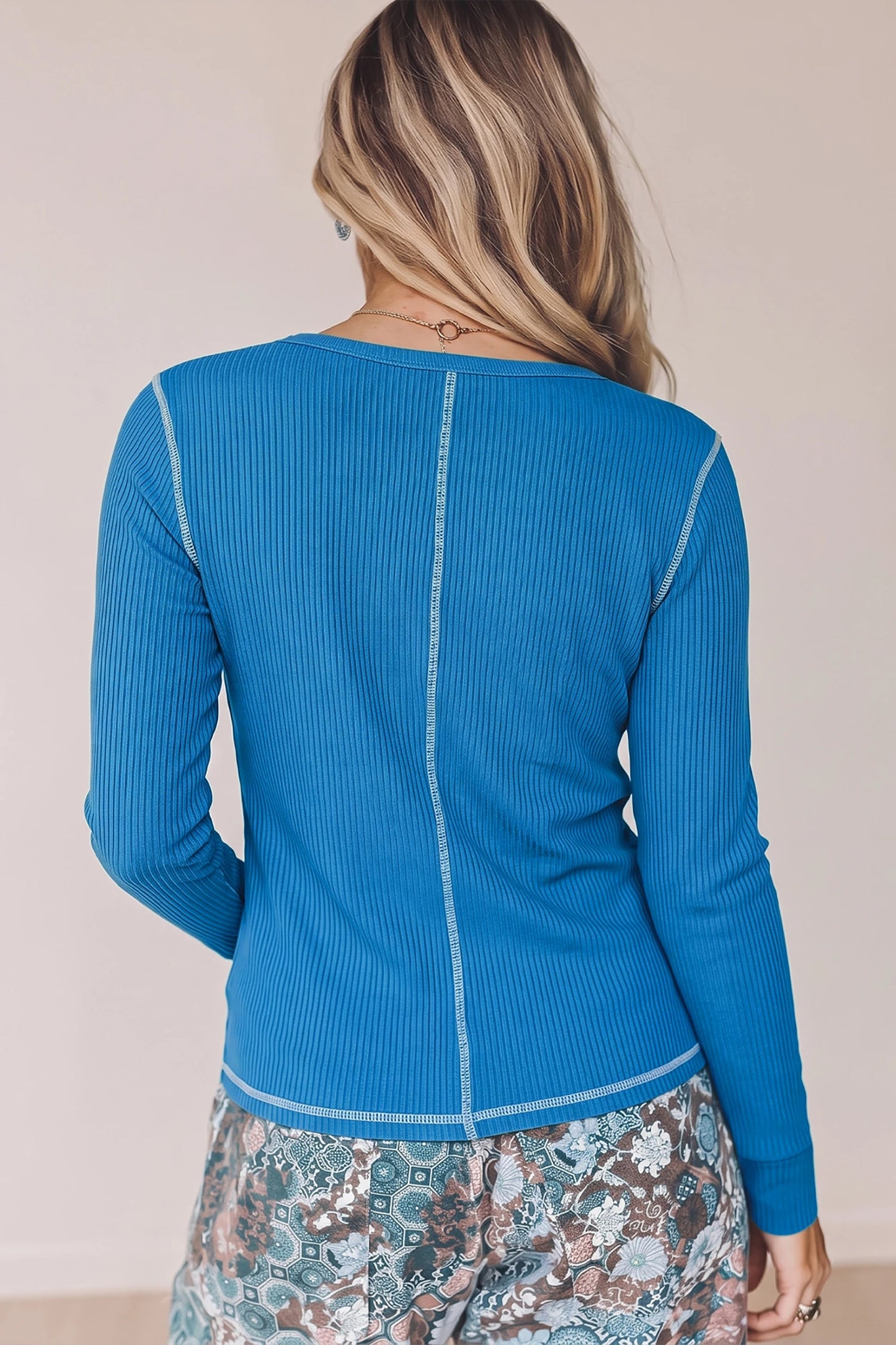 Dark Khaki V Neck Ribbed Stitched Detail Long Sleeve Top