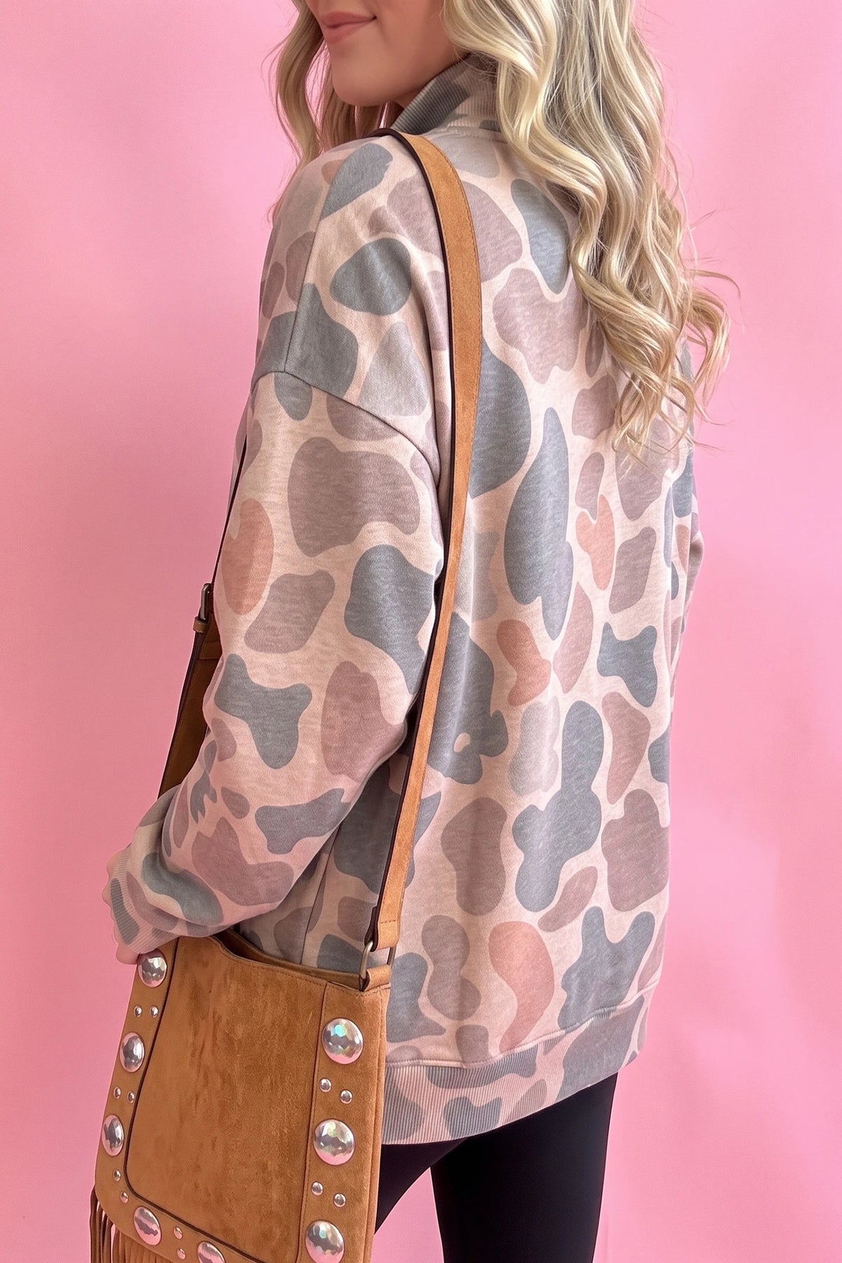 Multicolour Half Button Camouflage Stand Neck Pullover Sweatshirt