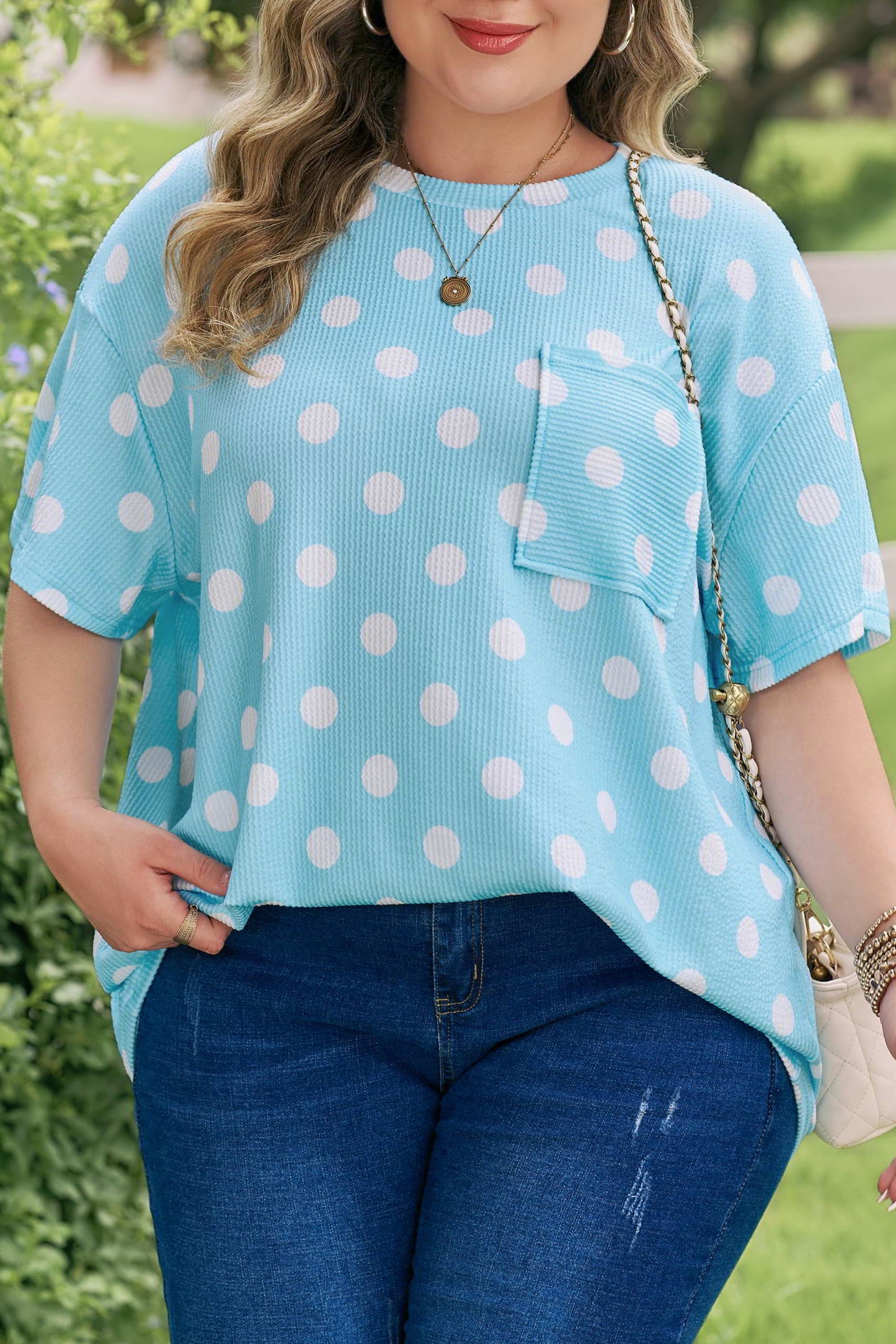 Polka Dot Waffle Knit Plus Size Pocket Top