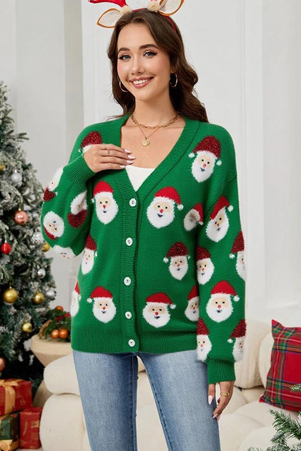 Christmas Santa Claus Pattern Button V Neck Sweater Cardigan