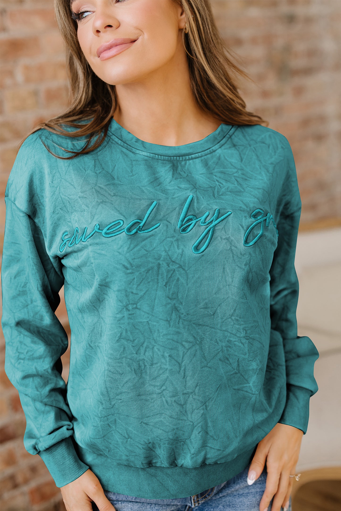 Saved by grace Letter Embroidery Mineral Wash Loose Sweatshirt