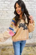 Light French Beige Sequined Rodeo Graphic Aztec Bubble Sleeve Patchwork Western Sweatshirt