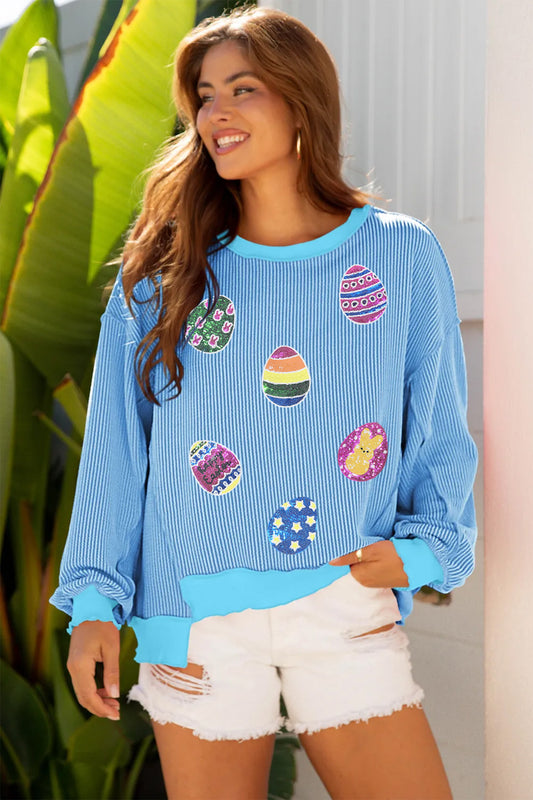 Myosotis Sequin Easter Eggs Twisted Rib Exposed Seam Color Block Top