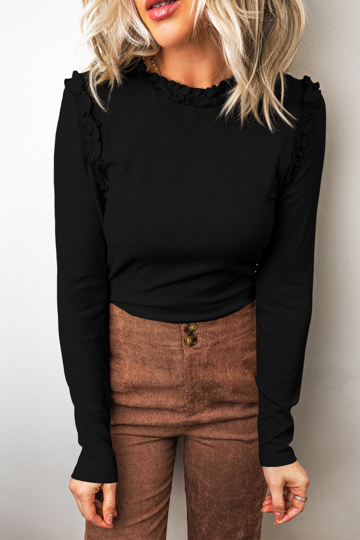 Beige Solid Color Round Neck Frill Detail Long Sleeve Top