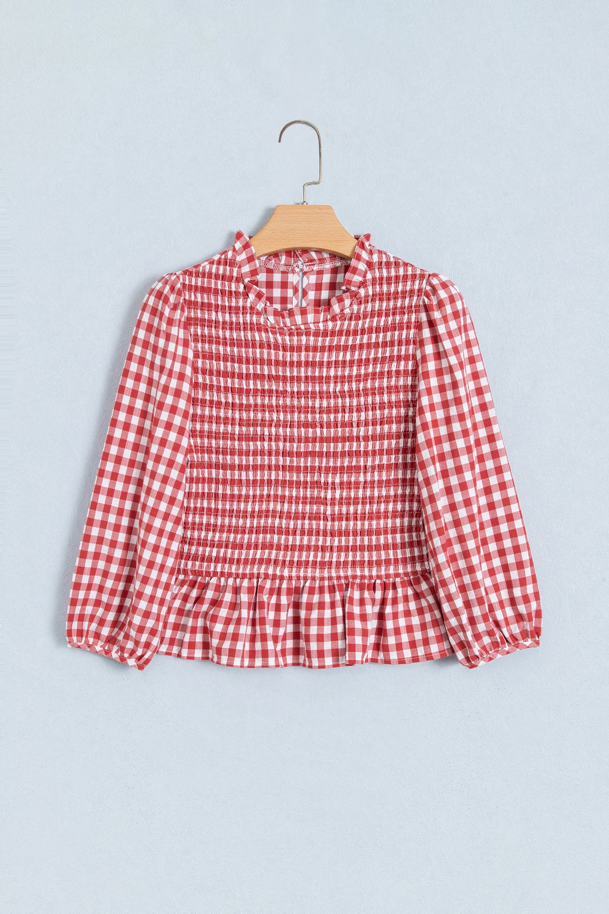 Brown 3/4 Sleeve Shirred Plaid Peplum Top