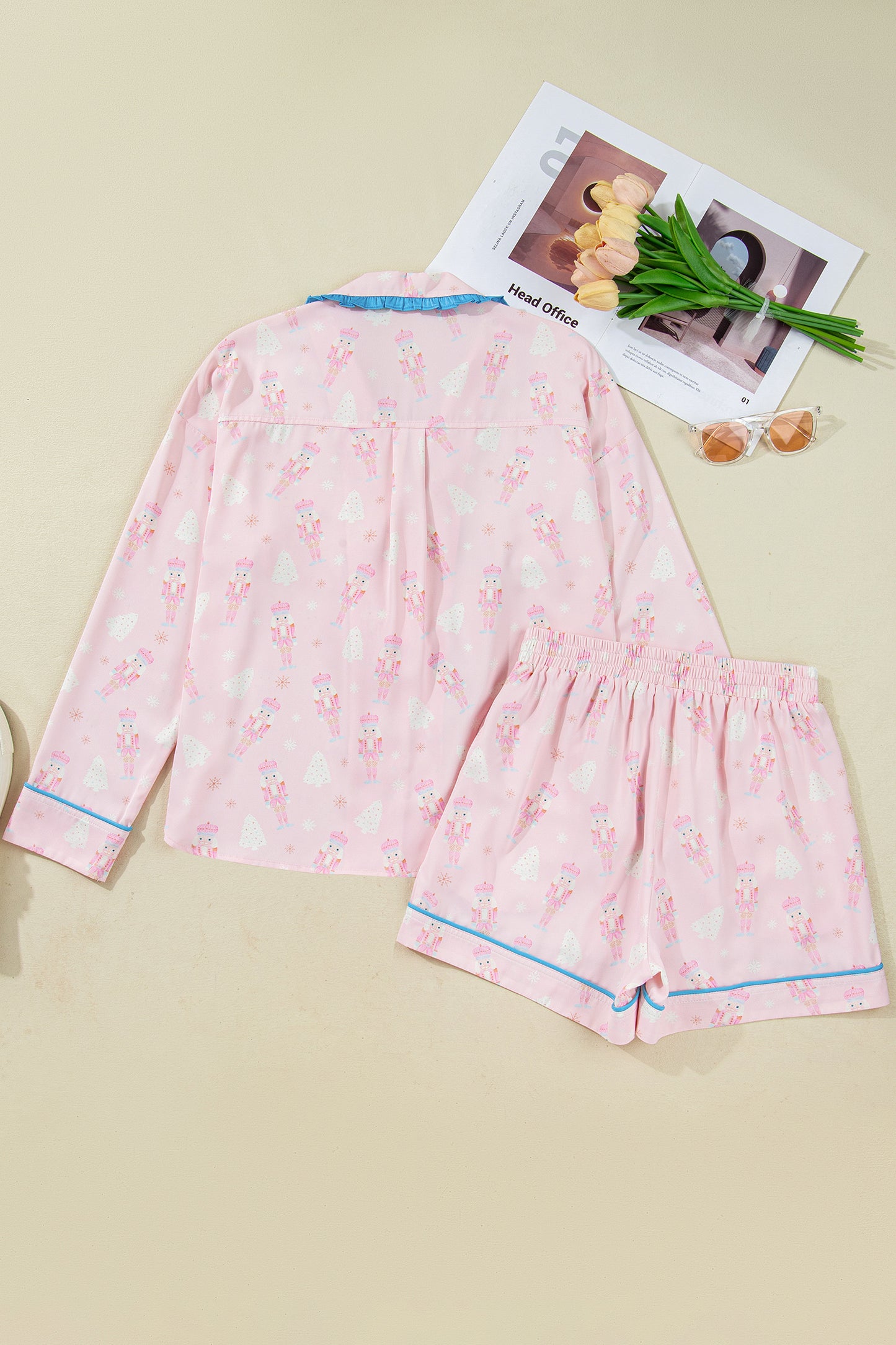 Pink Bow Tie Front Christmas Nutcracker Long Sleeve Shirt Shorts Pajama Set