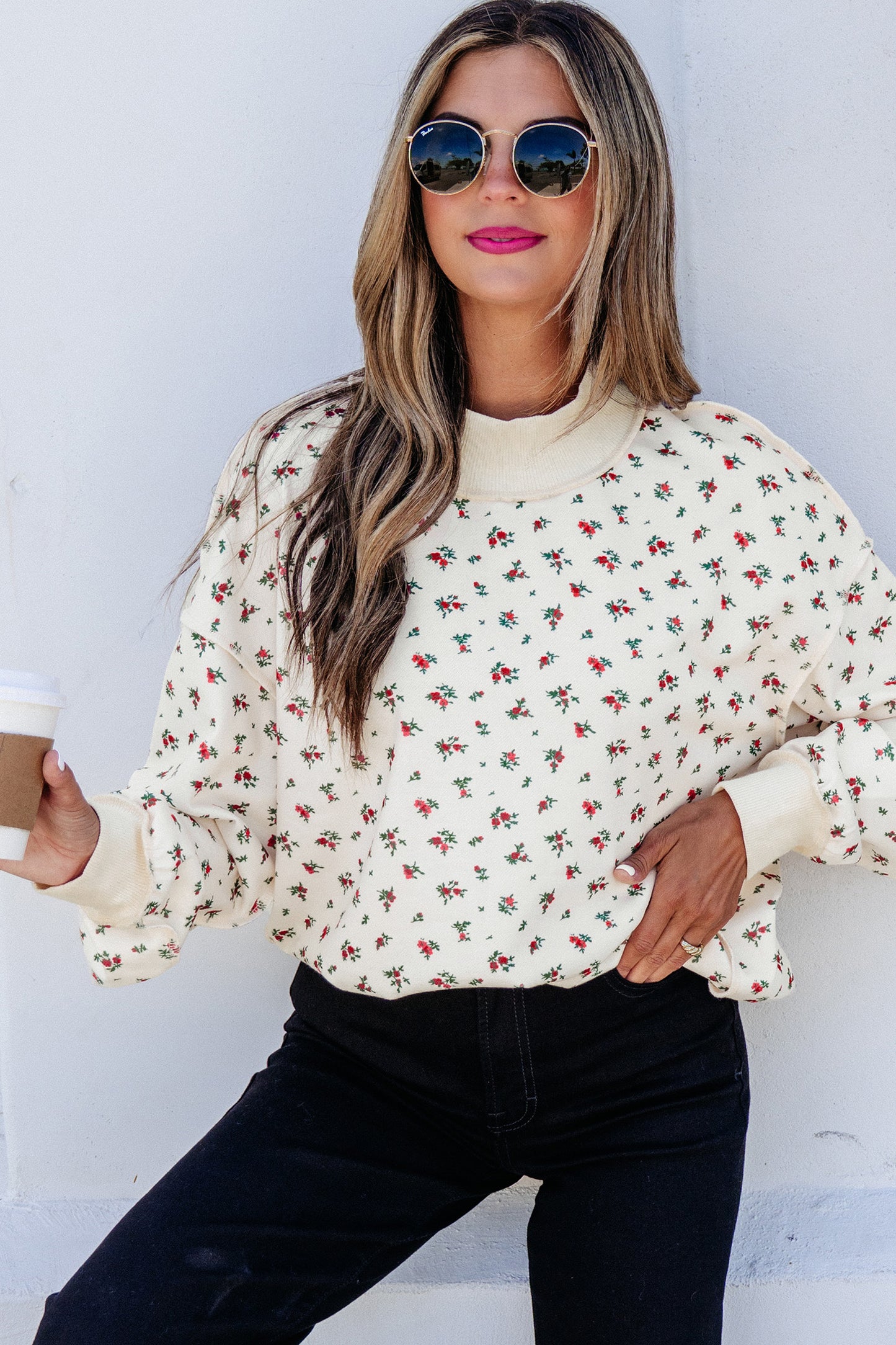 Beige Ribbed High Neck Patchwork Floral Print Baggy Pullover Sweatshirt