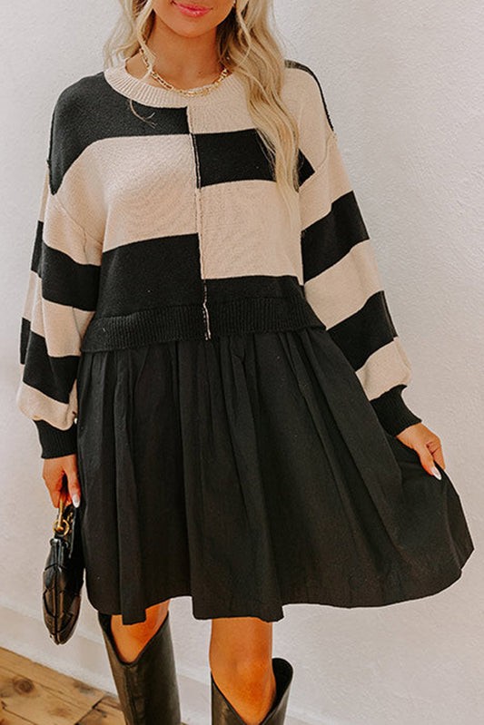 Black Stripe Two in One Knitted Top High Waist Splicing Hem Sweater Dress