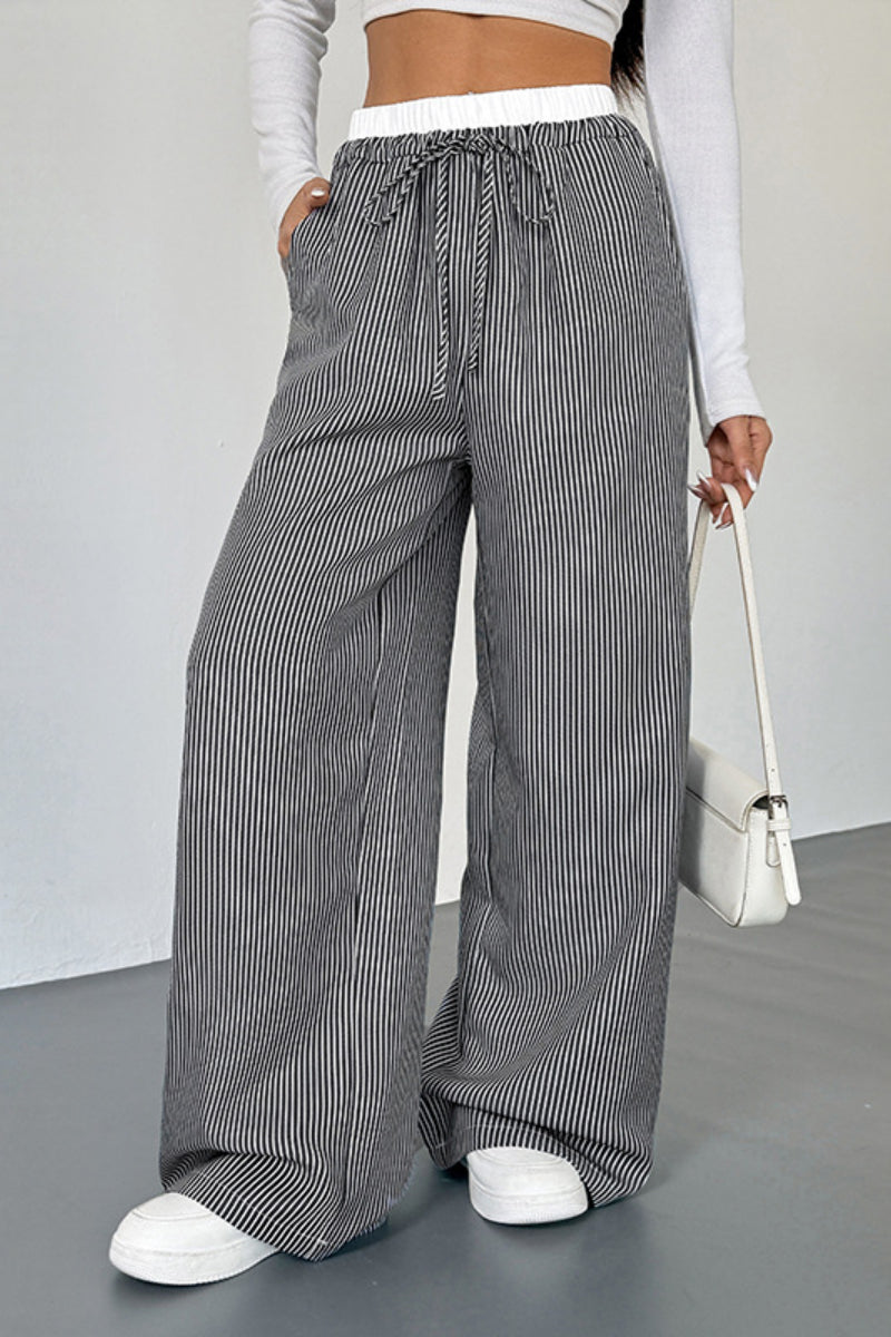 Striped High Waist Wide Leg Casual Drawstring Pants Women