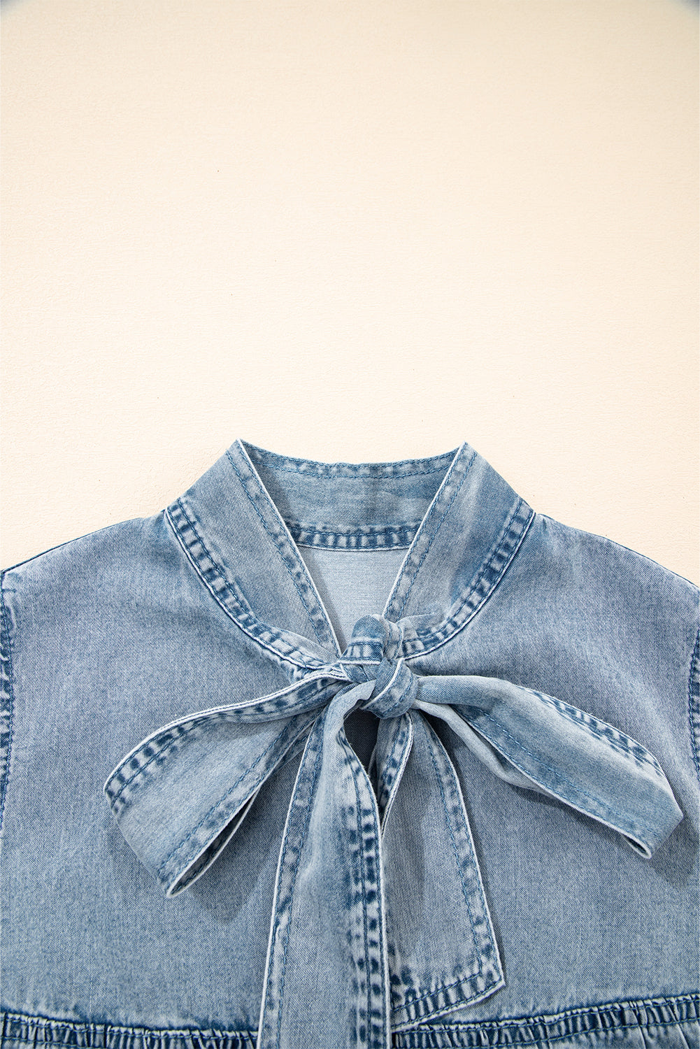 Beau Blue Bowknot Neck Sleeveless Ruffled Chambray Dress