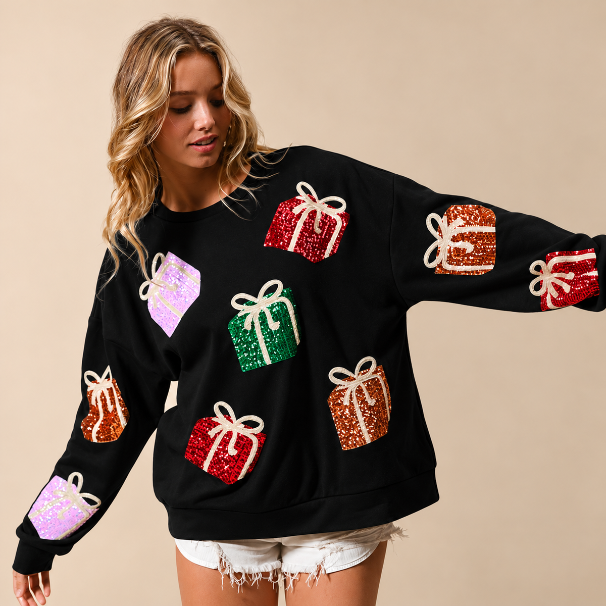 Women's Sequin Christmas Gift Crewneck Sweatshirt