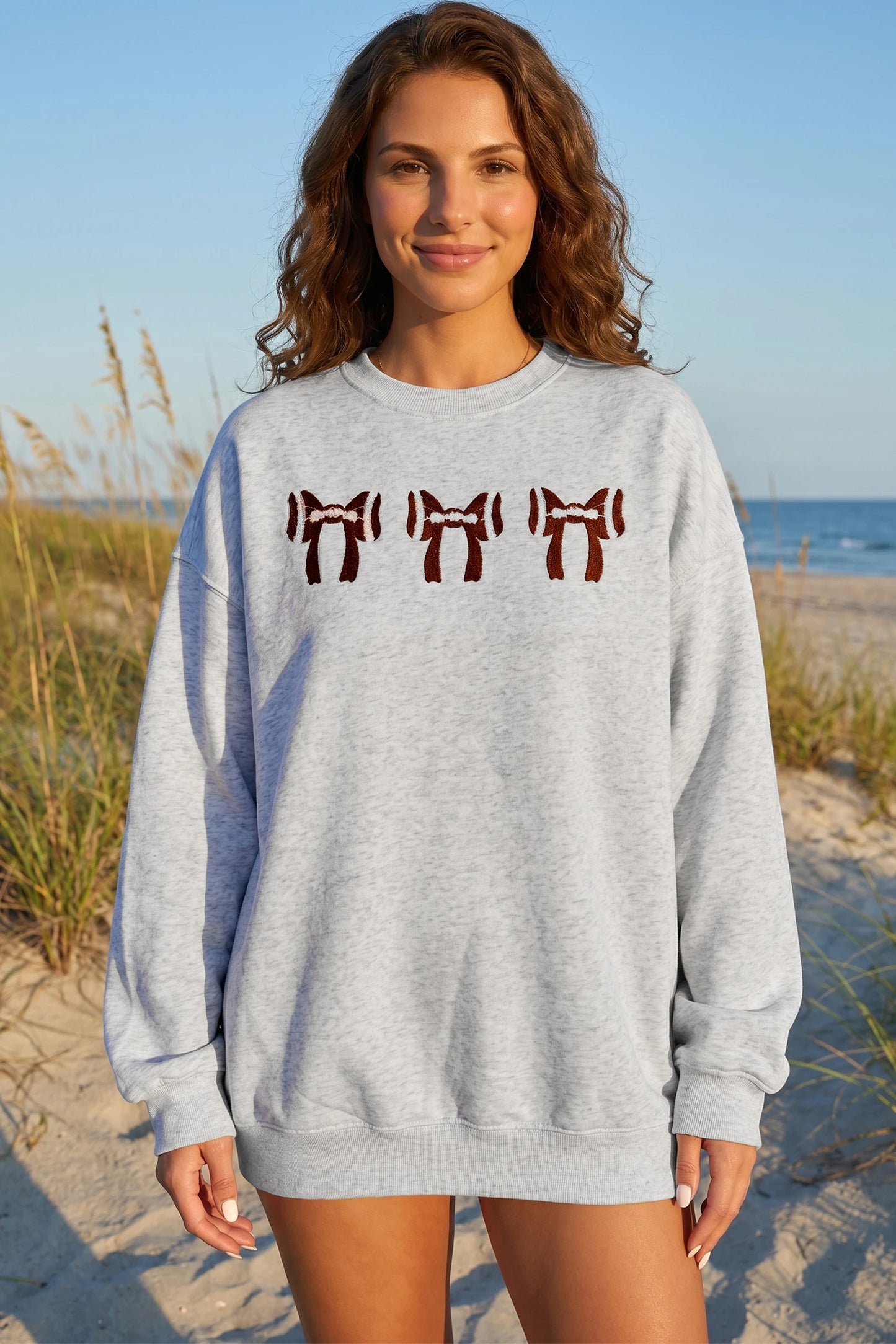 Chenille Embroidered Rugby Bow Game Day Oversized Sweatshirt