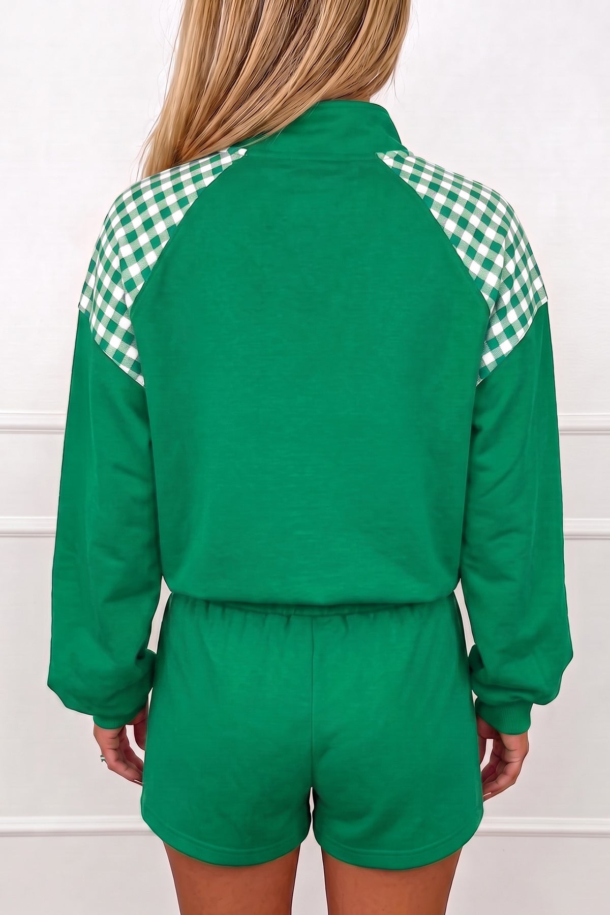 Fiery Red Plaid Patchwork Half Zip Pullover Drawstring Short Set