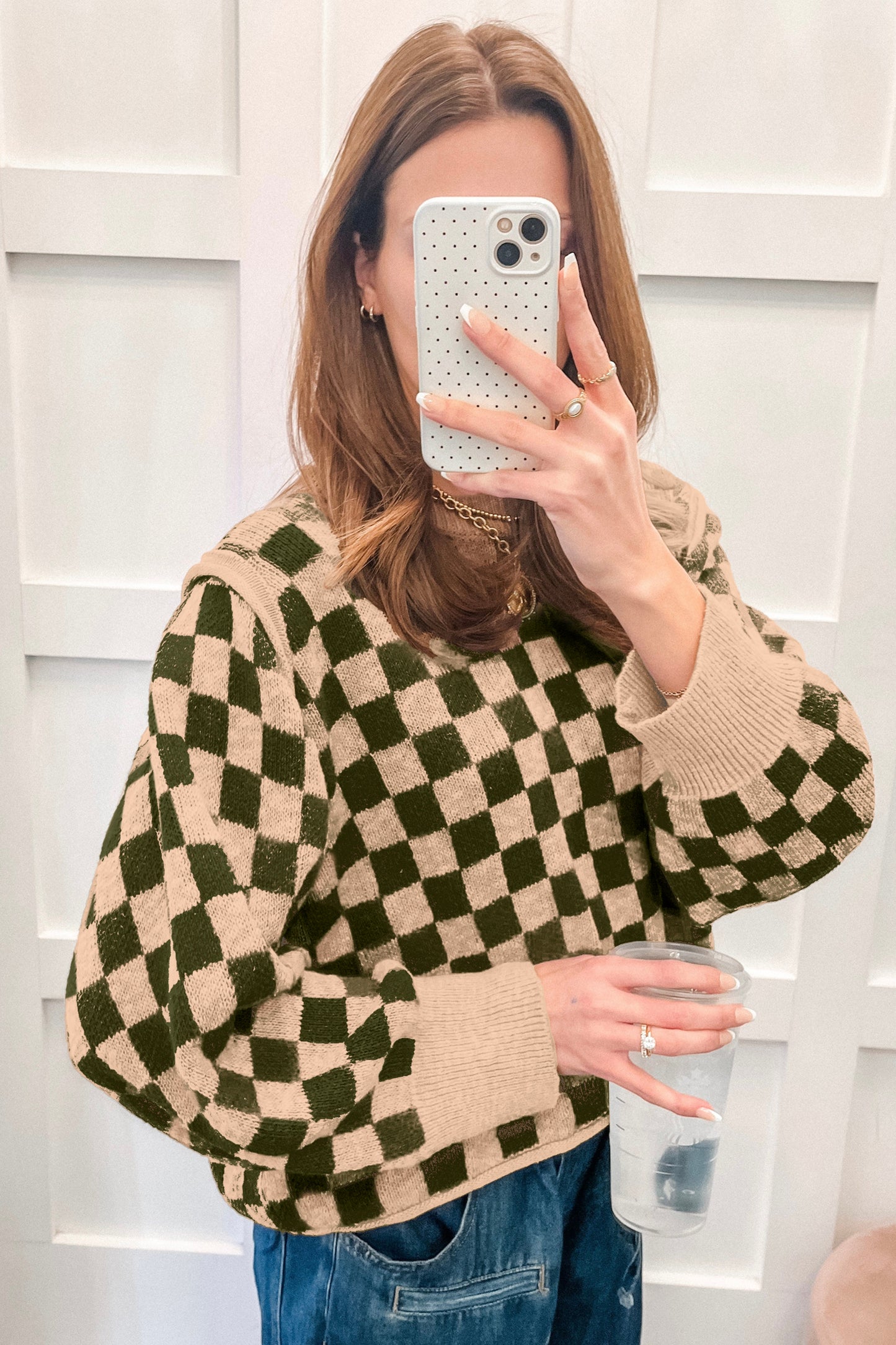 Multicolour Drop Shoulder Plaid Knit Long Sleeve Sweater