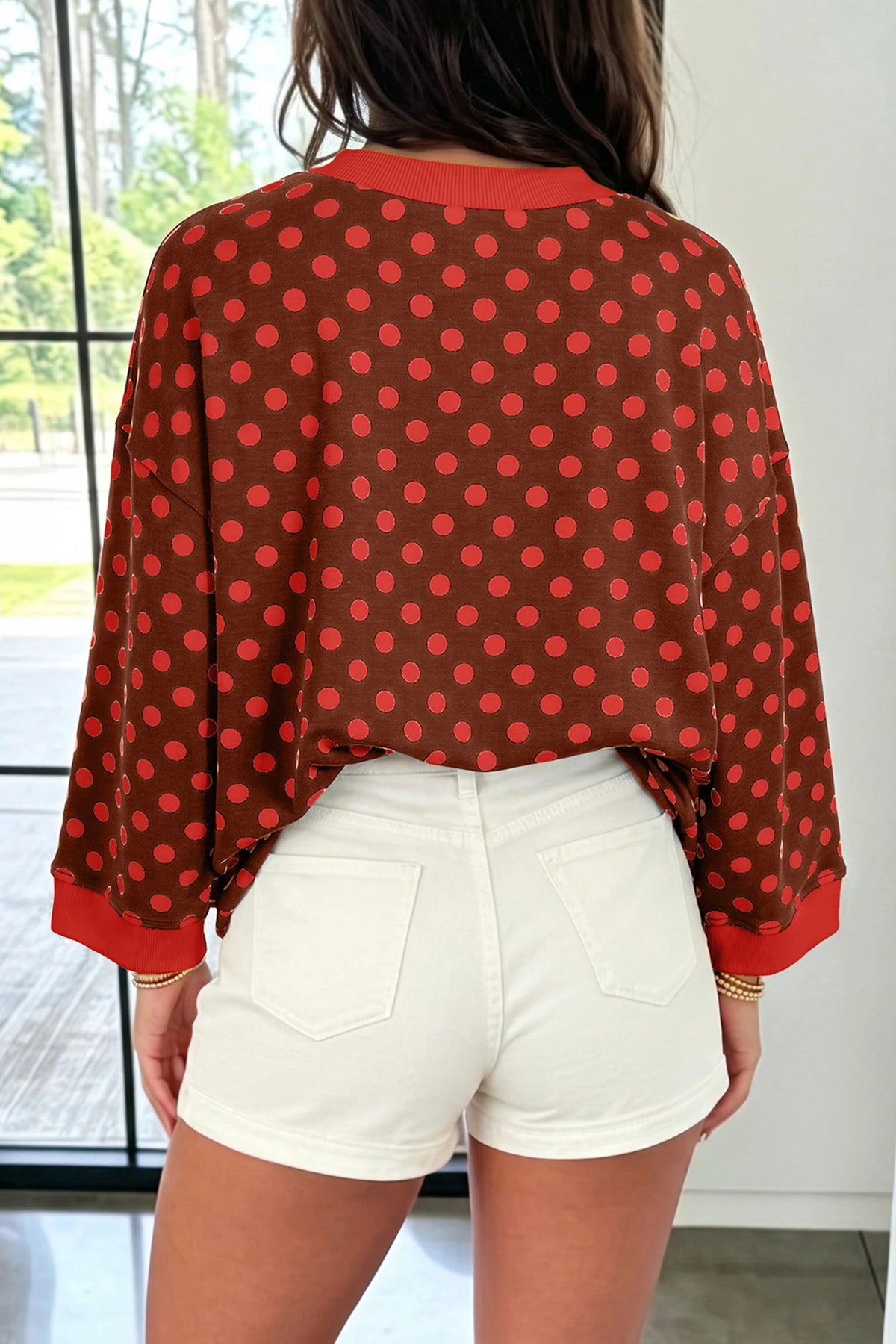 Blue Polka Dot Print Contrast Trim Round Neck Bracelet Sleeve Top
