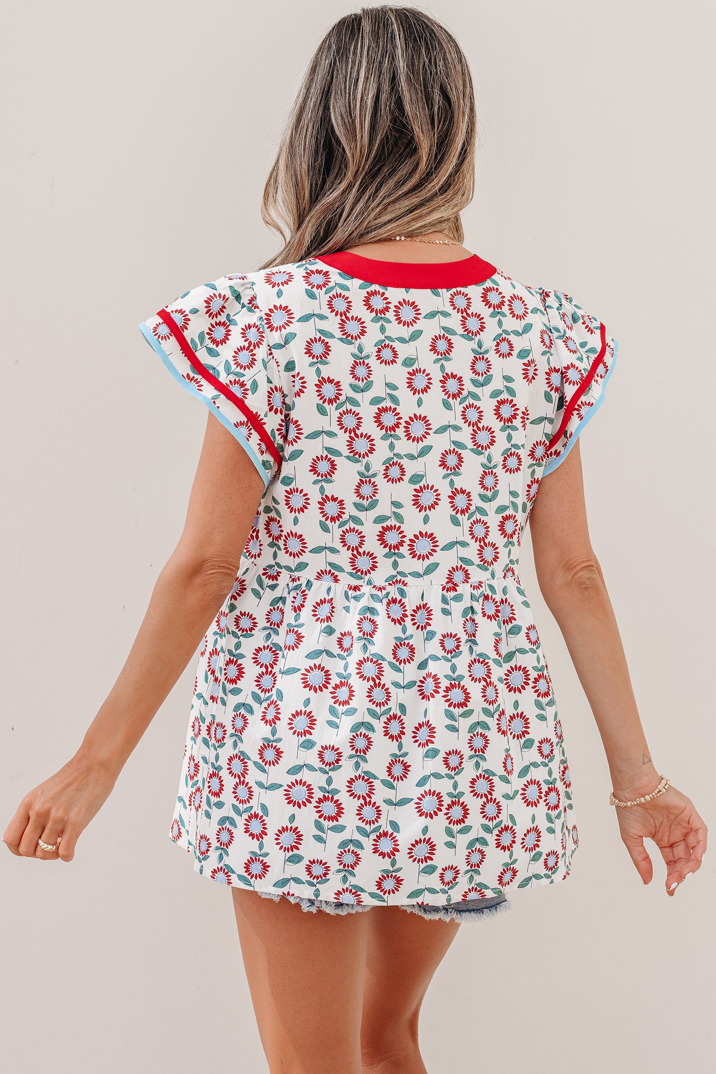 Floral Cotton Blend Babydoll Blouse Flutter Sleeve Top