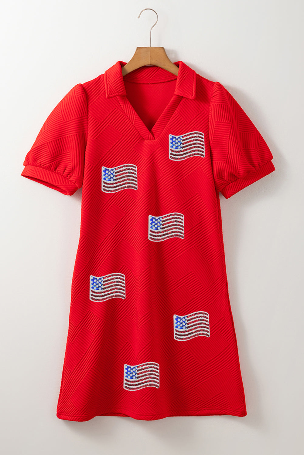 Fiery Red Sequin American Flag Patched Polo Collar Textured T Shirt Dress