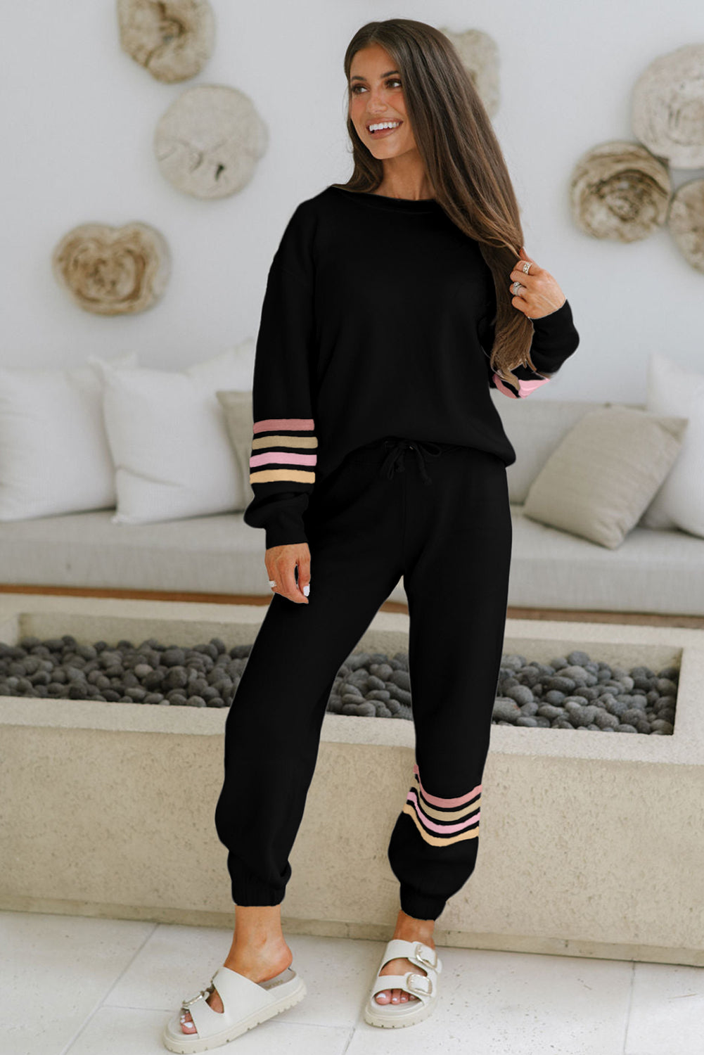 Beige Striped Drop Shoulder Round Neck Pullover and Jogger Pants Active Outfit