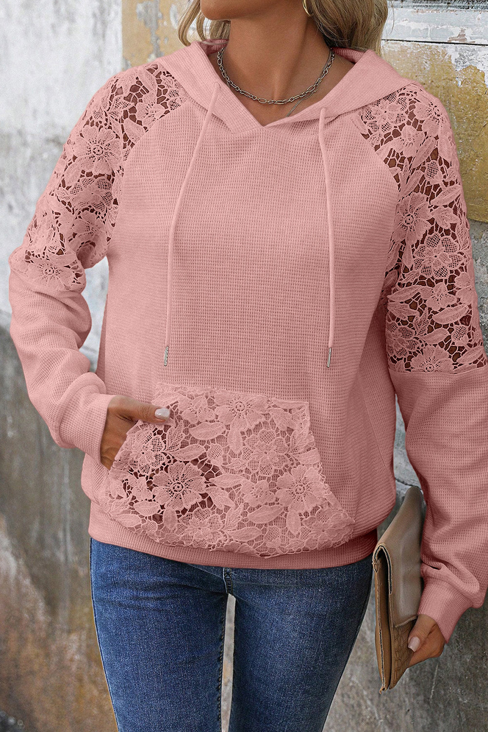 Smoke Green Lace Patchwork Raglan Sleeve Kangaroo Pocket Waffle Hoodie