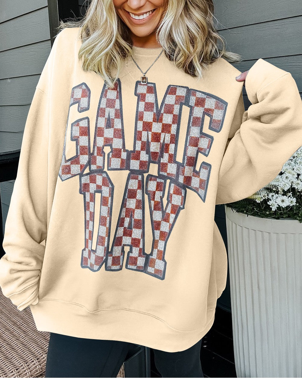 Sleet GAME DAY Checkered Letter Graphic Oversize Sweatshirt