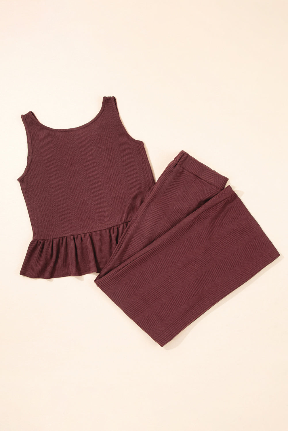 Duffel Green Solid Color Ribbed Ruffle Tank Top and Pants Set