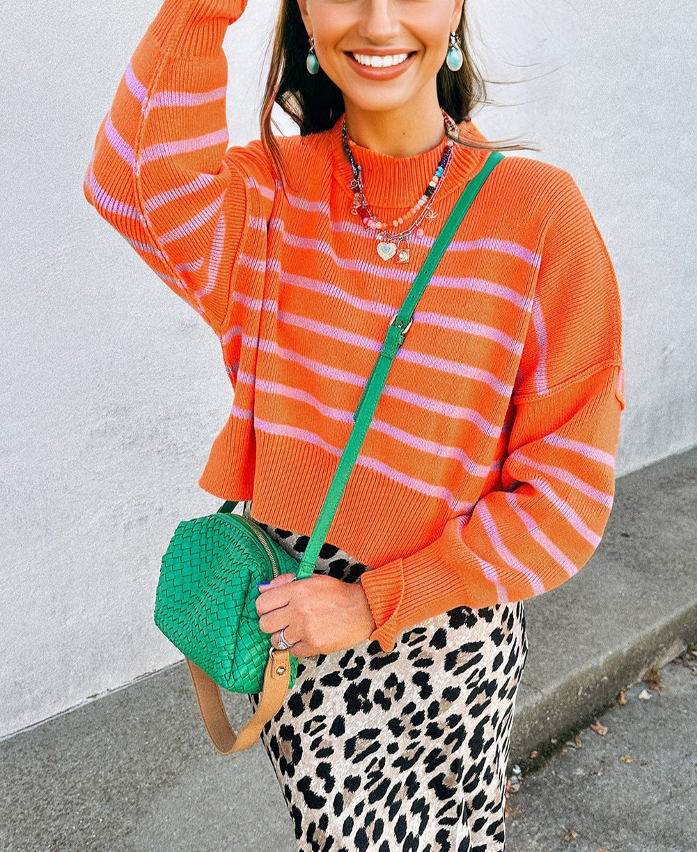 Orange Stripe Ribbed High Neck Drop Shoulder Boxy Fit Sweater