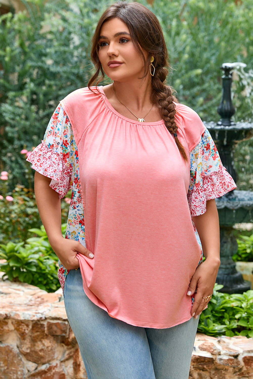 Plus Size Pink Floral Patchwork Ruffled Short Sleeve Blouse