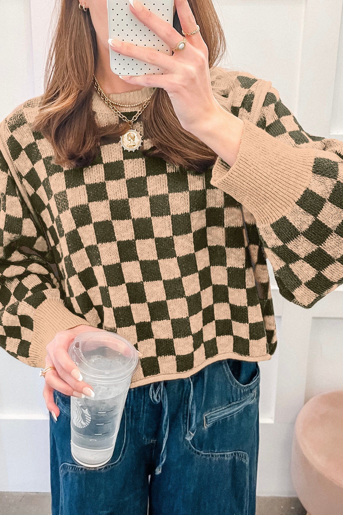 Multicolour Drop Shoulder Plaid Knit Long Sleeve Sweater