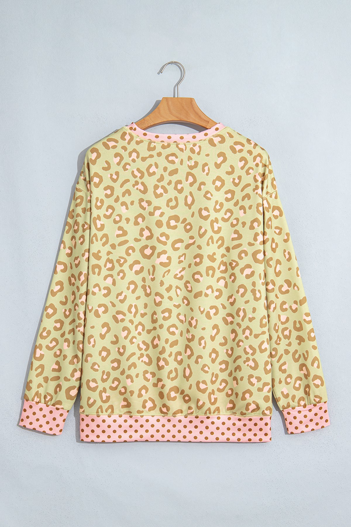 Pink Leopard Polka Dot Colorblock Trim Long Sleeve Top