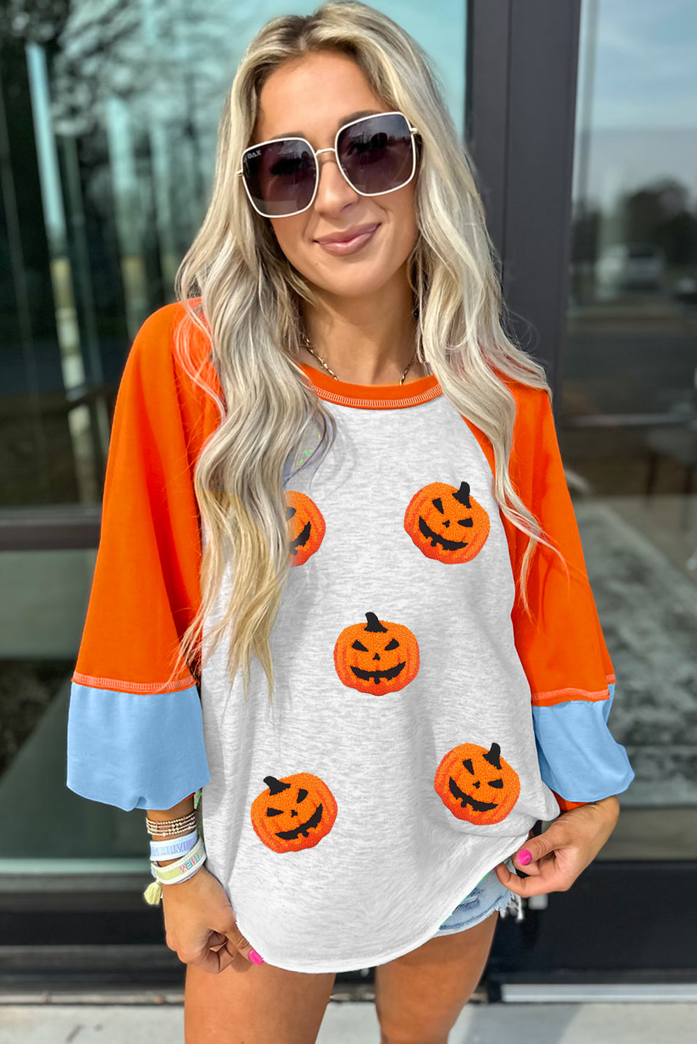 Light Grey Chenille Halloween Pumpkin Patched Color Block Patchwork Long Sleeve Top