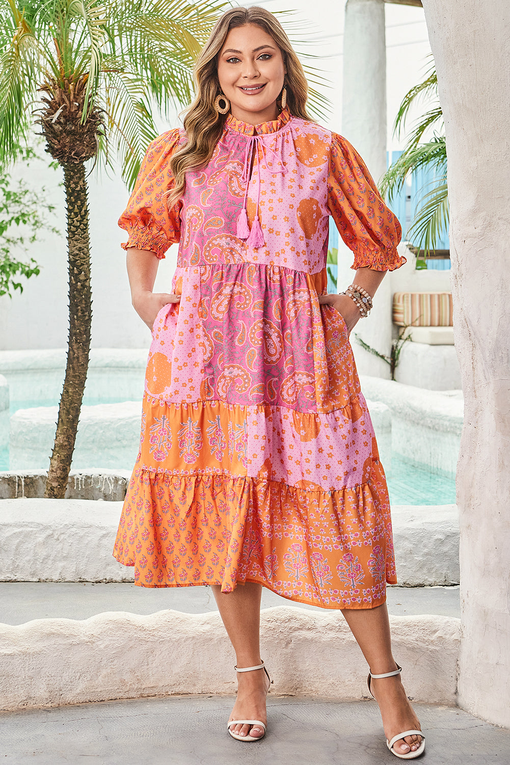 Floral Mixed Patchwork Tassel Tie Plus Size Midi Dress